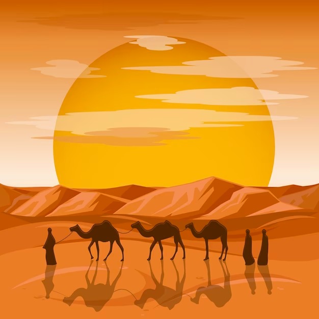 three camels with three people walking up the hills in desert three camels with three people walking up the hills in desert