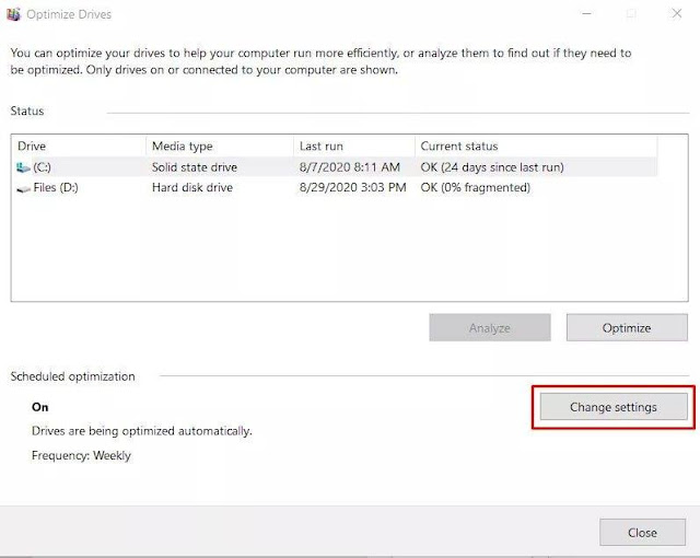 تغيير إعدادات تقليل تقسيم البيانات defragmentation في الويندوز تغيير إعدادات تقليل تقسيم البيانات defragmentation في الويندوز