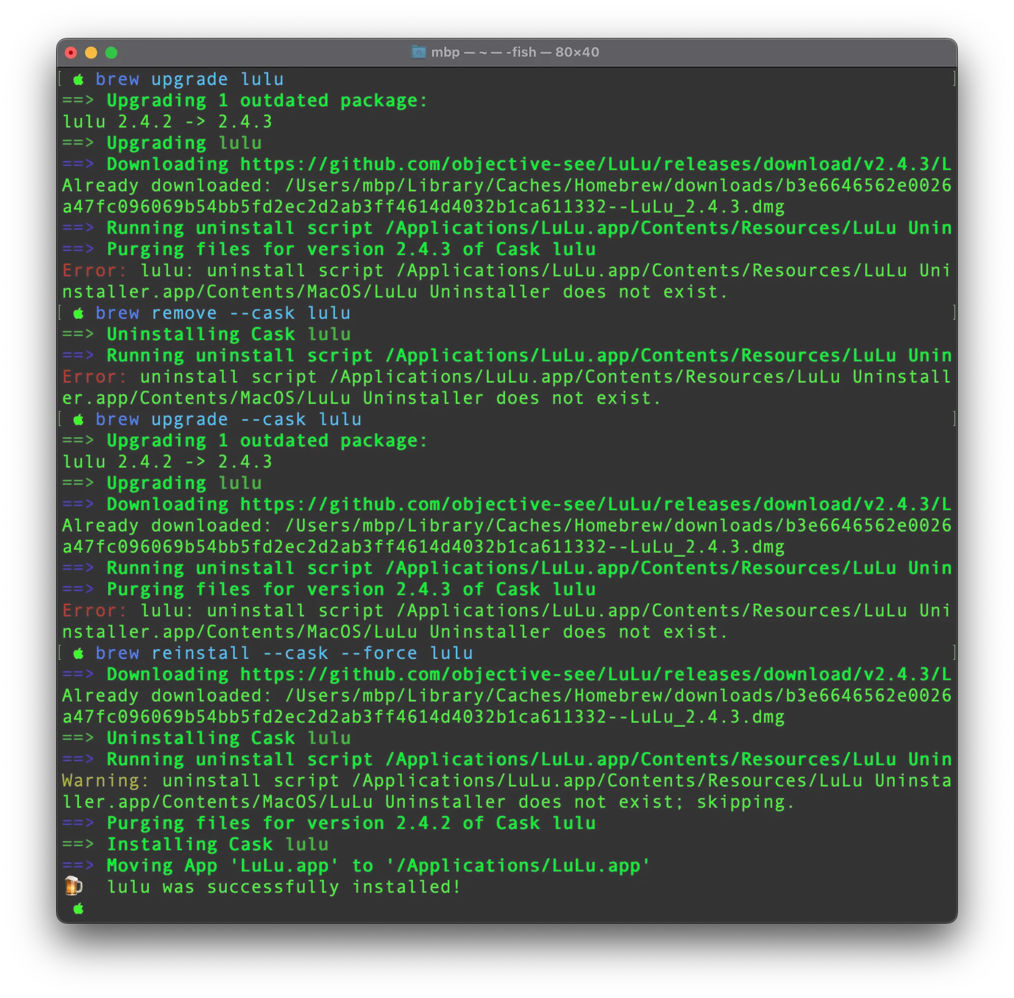 Error : lulu : uninstall script does not exist Error : lulu : uninstall script does not exist