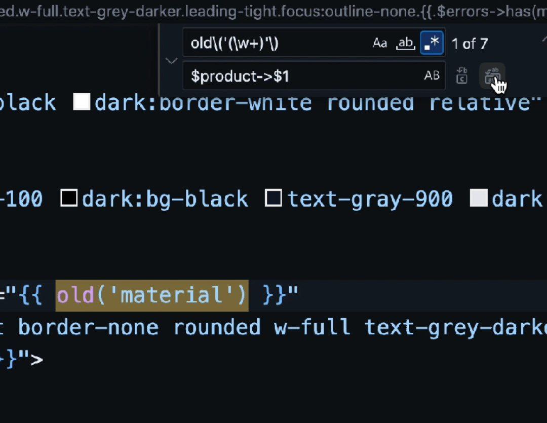 use RegEx to replace all old with $model in Laravel in VS Code use RegEx to replace all old with $model in Laravel in VS Code