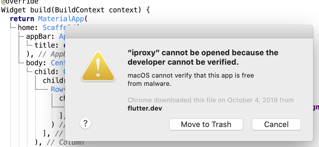 رسالة الخطأ iproxy cannot be opened because the developer cannot be verified على نظام ماك أثناء برمجة تطبيق على فلاتر رسالة الخطأ iproxy cannot be opened because the developer cannot be verified على نظام ماك أثناء برمجة تطبيق على فلاتر