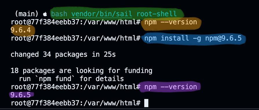 steps and commands to upgrade npm inside Docker-contained Laravel Sail steps and commands to upgrade npm inside Docker-contained Laravel Sail